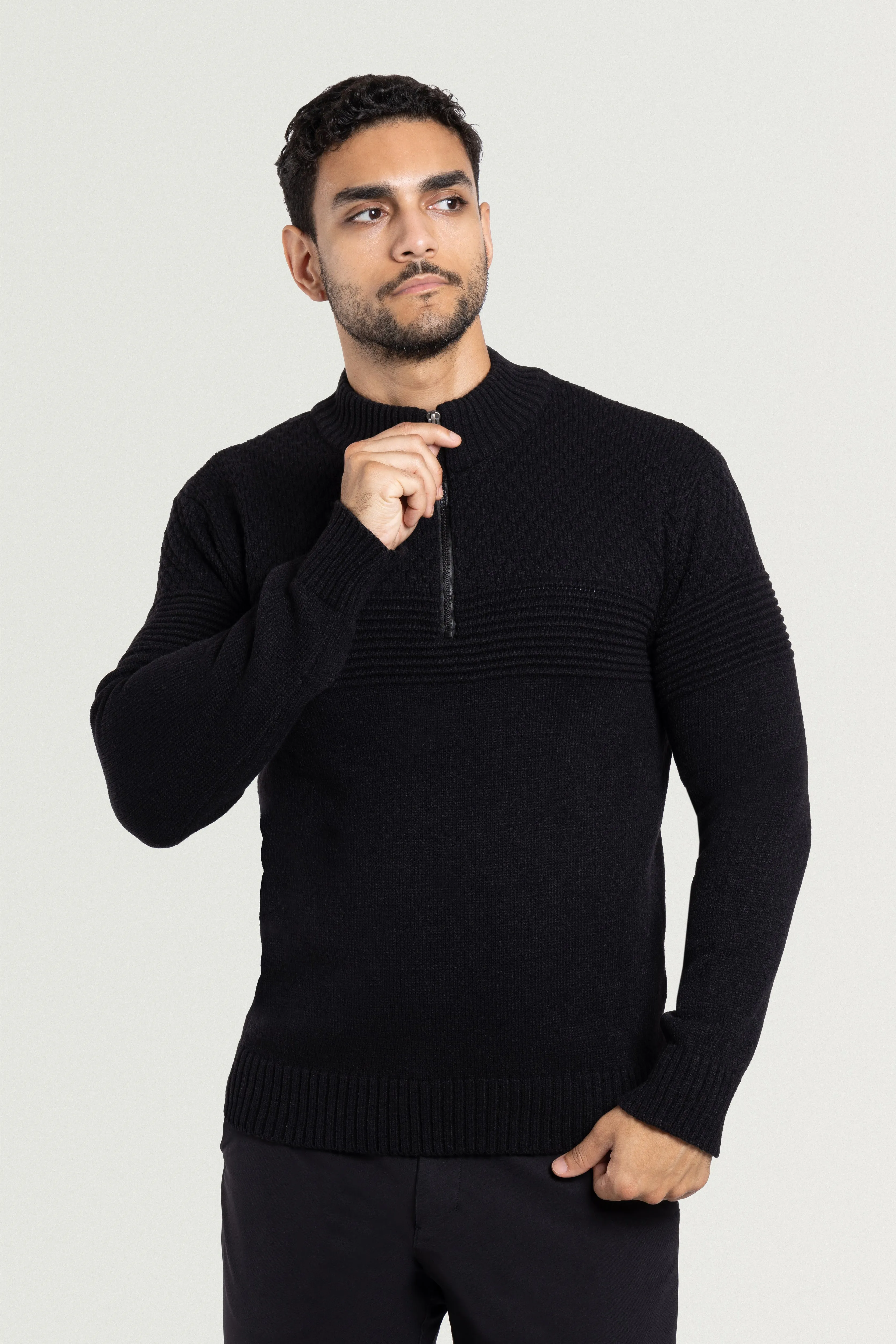 X RAY Men's Mock Neck Texture Pattern Block Quarter Zip Knitted Sweater