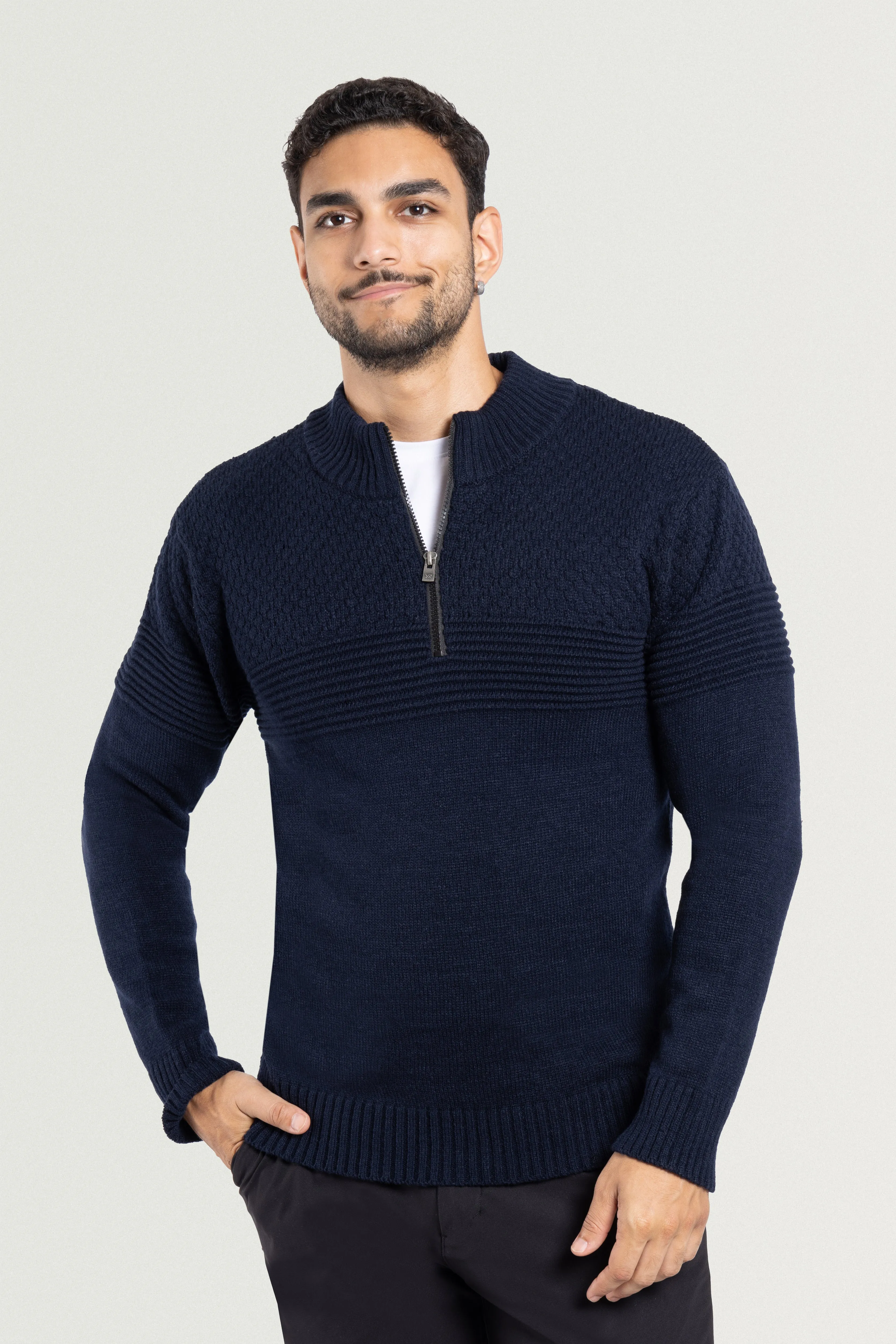 X RAY Men's Mock Neck Texture Pattern Block Quarter Zip Knitted Sweater